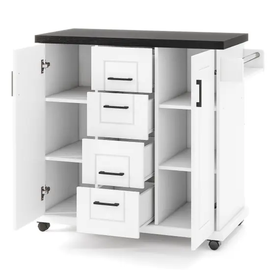 White Engineered Wood Kitchen Island Cart with Drawers and Towel Rack {1}