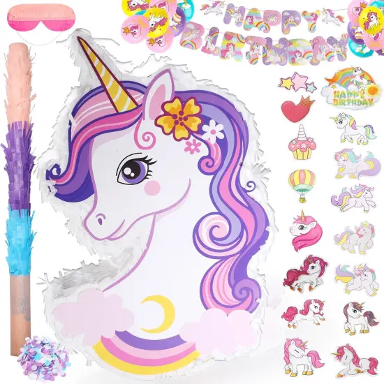 Unicorn Pinata Set for Birthday Party with Unicorn Pi&ntilde;ata, Banner, Balloon, Stick, Blindfold, Cupcake Toppers, 54 PCS Birthday Favors Decorations Supplies for Girls {1}