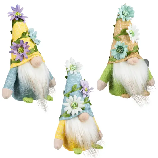 Northlight Mini Plush Gnomes with Floral Hat Spring Decorations - 7" - Set of 3 Blue {4}