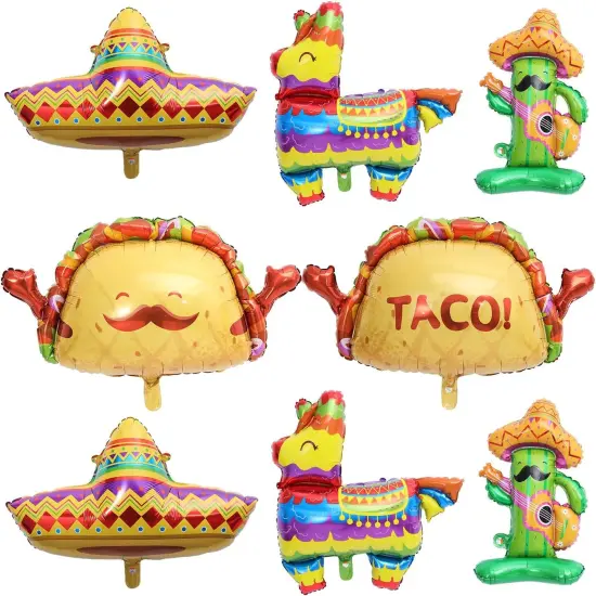Mexican Fiesta Party Decorations 8Pcs Fiesta Balloons Mexico Taco Llama Cactus Sombrero Mylar Foil Balloons for Cinco De Mayo Taco Carnival Birthday Party Supplies {1}