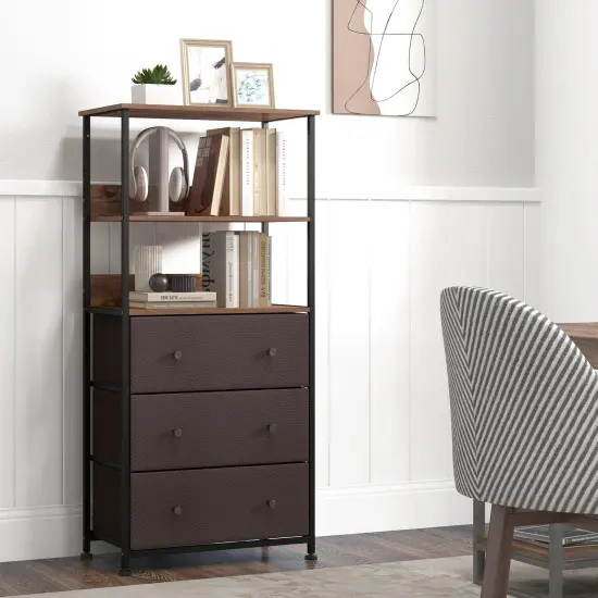 Rustic Brown Wood Metal Cabinet, 3 Fabric Drawers and Open Shelf Storage {3}