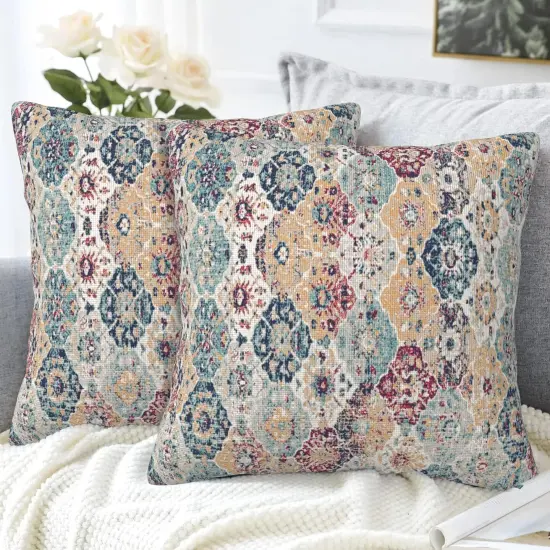 Throw Pillow Covers Ethnic Boho Pillow Covers 18x18 Inch Set of 2 Rug Boho Style Ethnic Design Throw Pillows Decorative Pillow Cases Cushion Covers for Bedroom Livingroom Sofa Farm House {3}