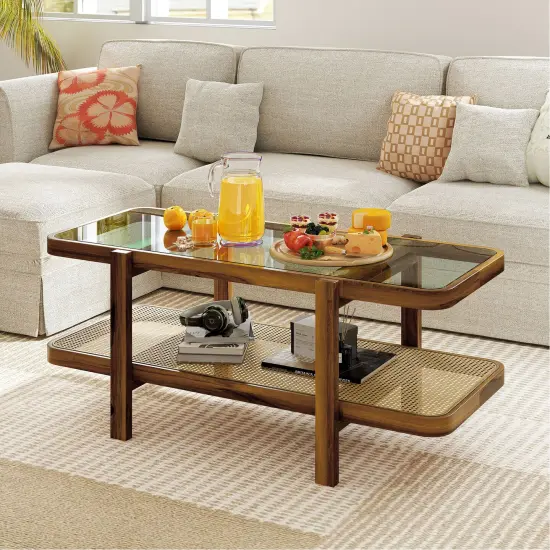 Rustic Acacia Wood Coffee Table with Tempered Glass Top & PE Rattan Shelf {2}