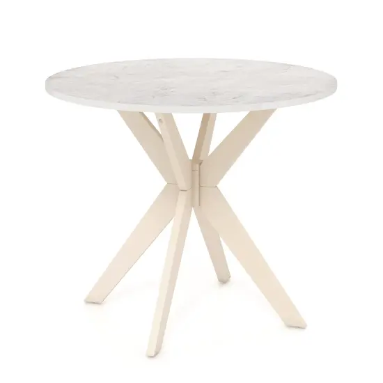 White Rubber Wood Round Dining Table with Faux Marble Top {1}