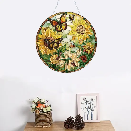 5D Sunflower Butterfly Diamond Painting Kits for Adults Hanging Sign Wall Art Sign Diamond Art Suncatcher Hanging Ornament Home Garden Wall Door Hanging Painting Kits, Yellow {4}