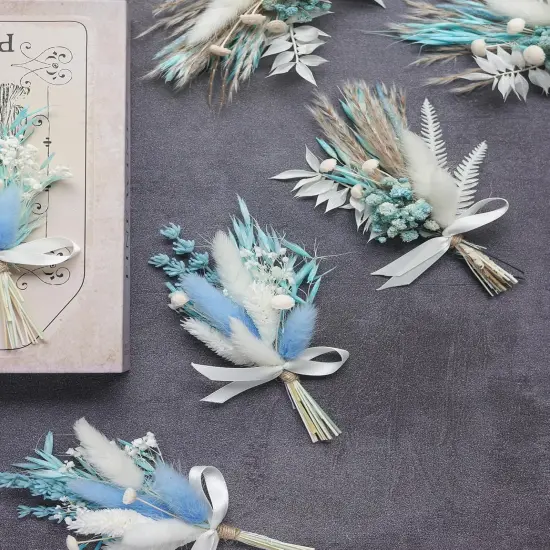 Mini Dried Flower Bouquet Set (6 pcs), Small Blue Bouquet, Boho Wedding Dinner Plate Decoration, Home Wall Decoration, Bridesmaid Flower Girl Proposal Gift Box, Card Decoration. (Blue) {4}