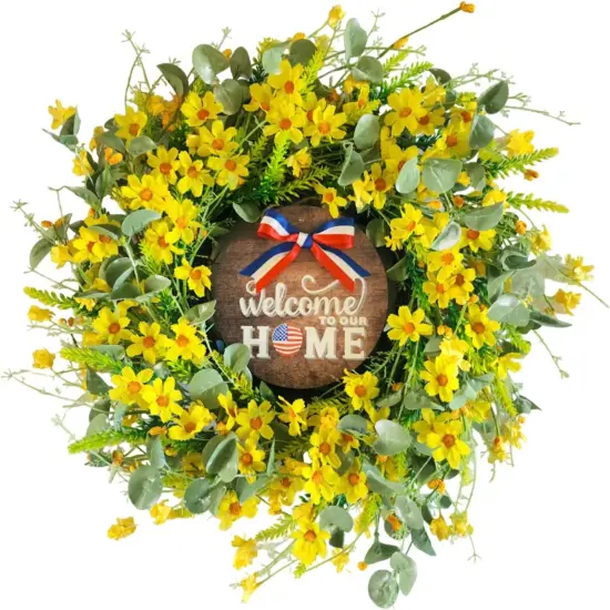 22" Yellow Daisy Wreath with Patriotic Welcome Sign &ndash; Handmade Summer Front Door Wreath with Realistic Silk & Plastic Flowers {2}