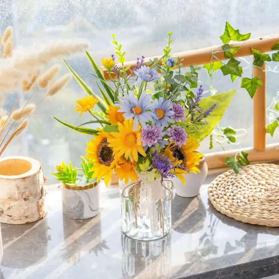 Summer Artificial Sunflower with Vase &ndash; Silk Blue Daisy Flower Arrangement {3}