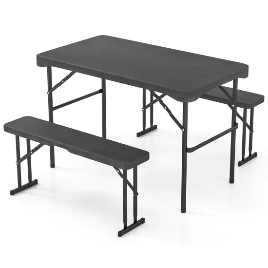 Black HDPE Folding Picnic Table Set with Benches and Wood Grain Look {1}