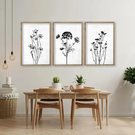 Summer Flower Plant Wall Decor 16"x11", Set of 3 Black and White Botanical Paintings, Wood Framed for Minimalist Bedroom, Office, and Rustic Living Room, Abstract Wildflower Hanging Sign (Wood White) {3}