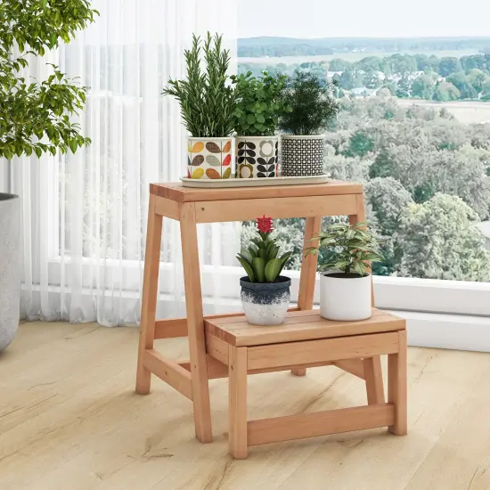 Multipurpose Natural Wooden Foldable 2-Tier Step Stool with H-Shaped Bottom Suitable for Any Small Space {3}