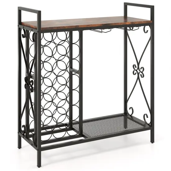 Rustic Brown Freestanding 21 Wine Bottle Organizer with Glass Holder and Metal Frame {1}