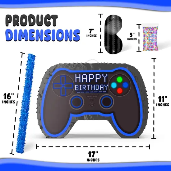 Blue Video Game Controller Piñata (Small Stick Included) 17”x11”x 3” Perfect for Birthday Gamer Parties, Party Decor, Gaming theme parties and other Decorations - By Jergrim {3}
