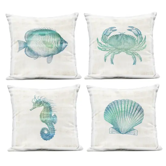 Stupell Industries Aquatic Sea Life Impressions 4pc Outdoor Printed Pillow Set design by Susan Arnot, 18 x 7 x 18 {1}
