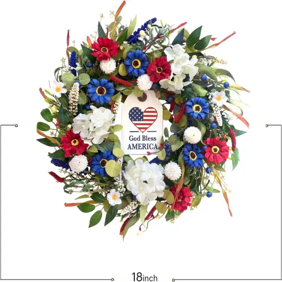 20 inch Independence Day Greenery Wreath for Front Door, 4th of July Independence Day Red White Blue Flower Wreath for Wall Window Party Wedding Decor Spring Summer Decoration for Home {3}