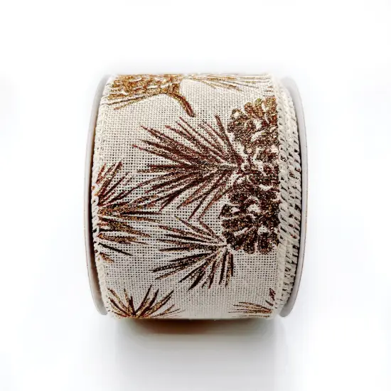 Designer’s Shop WR 63-5190 Holiday Gold Glitter Pinecones Wired edge ribbon 2.5” x 10 yard {2}