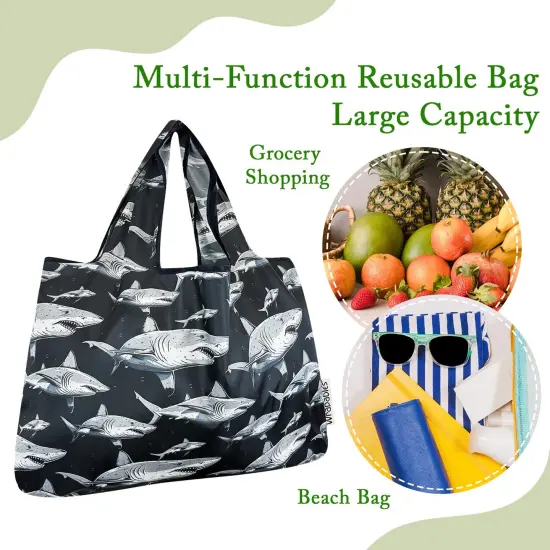 Wrapables Large Foldable Tote Nylon Reusable Grocery Bags, Sharks in Black {5}