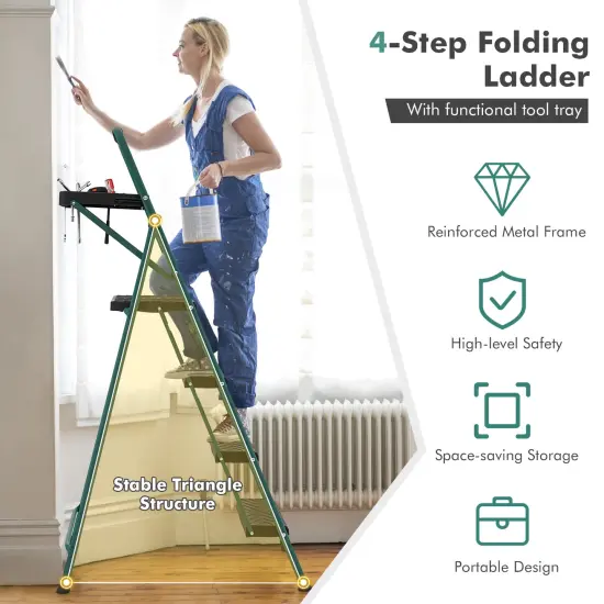 Metal Foldable 4-Step Ladder with Tool Tray Non-Slip Footpads and Wide Pedals {5}