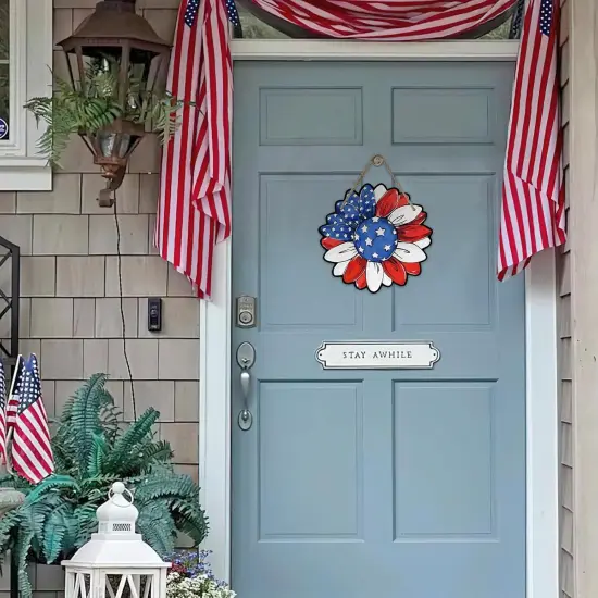 4th of July Sunflower Front Door Sign, Patriotic America Flower Wood Door Hanger Outdoor Outside Porch Decor, {3}
