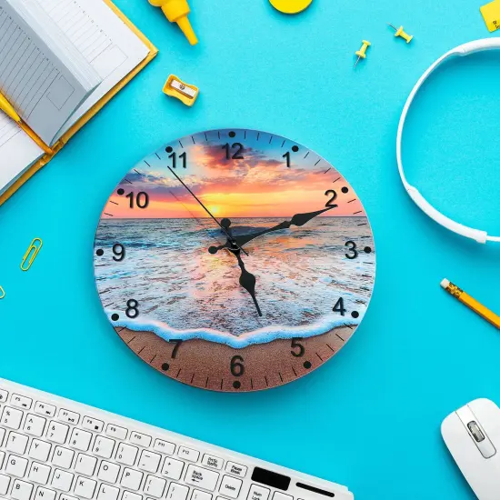 12-Inch Beach-Themed Blue Glass Wall Clock &ndash; Frameless Silent Battery Operated, Tempered Glass Design with Analog Display (1x AA Battery Required) {1}