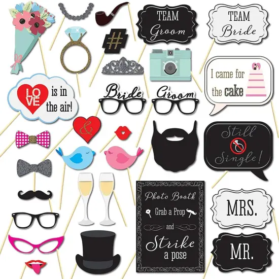 Photo Booth Props, 31Pcs Set of Wedding Party Supplies & Decorations, Selfie Station With Real Glitter Cute Backdrop {1}