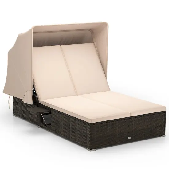 Double Chaise Lounge with Adjustable Backrests, Retractable Canopy & Cushions {1}