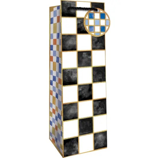 Pack/6: Black & White Checkers Wine Bag - 4-1/2 x 4-1/2 x 14" {1}