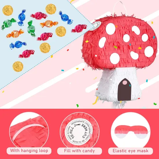 Mushroom Pinata with Stick and Blindfold, Paper, Baby Shower, Fantasy Theme Decoration {3}
