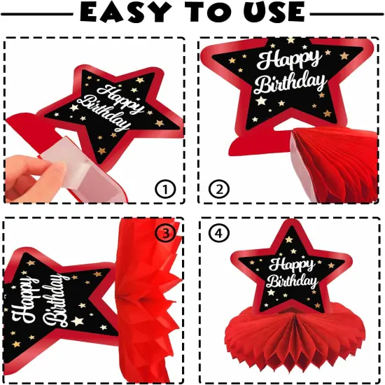 Happy Birthday Red and Black Table Honeycomb Centerpieces Balloons Theme Decor Table Decorations Table Toppers for Girls Women Princess 6th 21st 30th 40th 50th 60th Birthday Party Bday Supplies Gold {3}