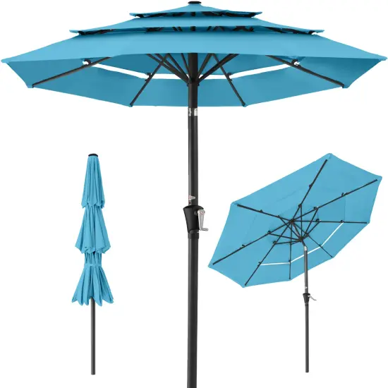 Best Choice Products 10ft 3-Tier Patio Umbrella, Market Sun Shade w/ Tilt Adjustment, Easy Crank Sky Blue {1}