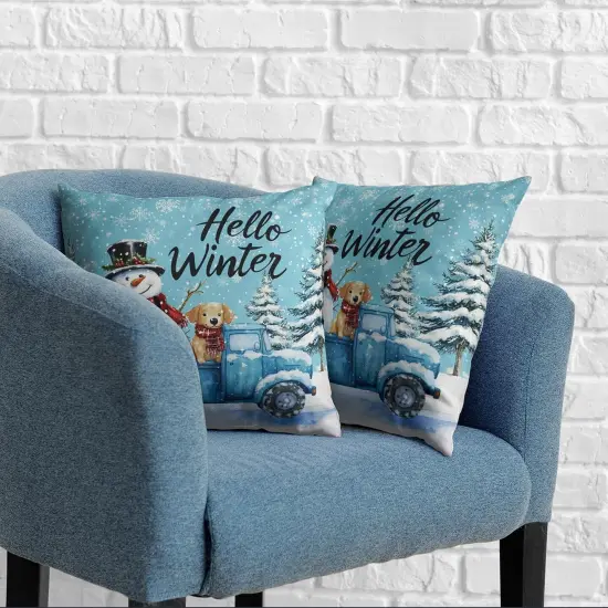 Hello Winter Pillow Covers 18x18 Set of 2 Blue Truck with Lovely Snowman Puppy Dog Throw Pillow Case Snowflakes Snowman Cushion Case for Holiday Decorations Couch Sofa {5}