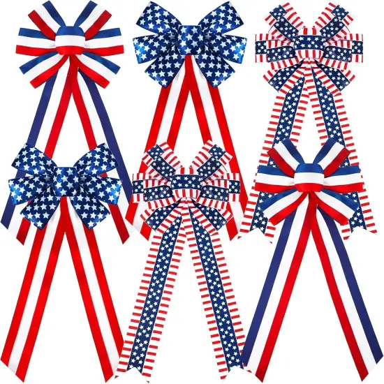 6 Pcs 4th of July Patriotic Wreath Bow Red White Blue Stripe Star Bow American Flag Bunting Bows Memorial Day Decoration for Indoor Outdoor Holiday Independence Day Decorations {1}