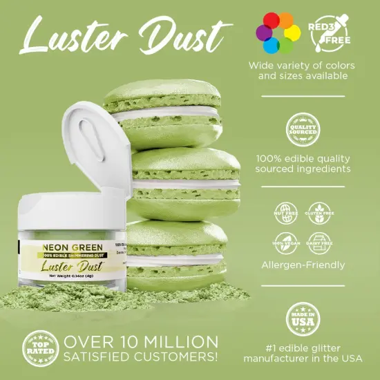 Bakell - Neon Green Luster Dust (4g, 1x Jar) Edible Vegan Dust & Paint for Baking, Desserts and Beverages {2}