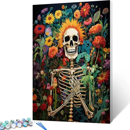 Day of The Dead Paint by Numbers for Adults Beginner Graffitic Human Skeleton DIY Paintings Acrylic Paint Canvas Girls Bedroom Decor Skull Man Painting Kits Flowers Art 16x20 Inch （Frameless ） {1}