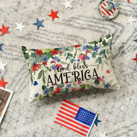 Patriotic Independence Day Throw Pillow Cover, 12 x 20 Inch God Bless America Flowers Decor Cushion Case for Sofa Couch {1}