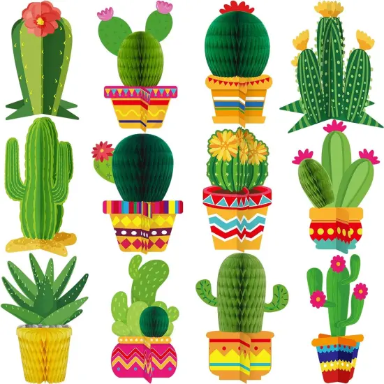 12 Pcs Cactus Party Decorations Cinco De Mayo Honeycomb Table Centerpieces Mexico Garland Cutouts for Fiesta Baby Shower Favor Cactus Theme Classroom Birthday Mexican Party Decoration Supplies {1}