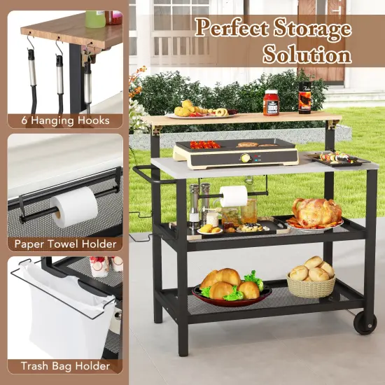 Black Flip-Up Rolling Bar Cart with Hooks and Metal Frame Perfect for Indoor or Outdoor Use {5}