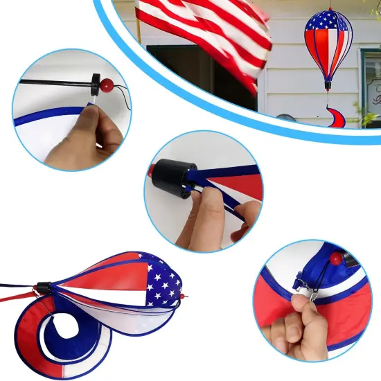 2 Pack 43-Inch Patriotic American Flag & Eagle Hot Air Balloon Wind Spinner Twister, Outdoor Hanging Windmill Decor for Garden Lawn Yard, Fourth of July {3}