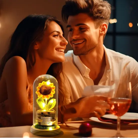 Sunflower Gifts for Women 9'' Crochet Sunflower Gifts for Her Wife Girlfriend Mom Light up Flower in Glass Dome Gift for Birhday {5}