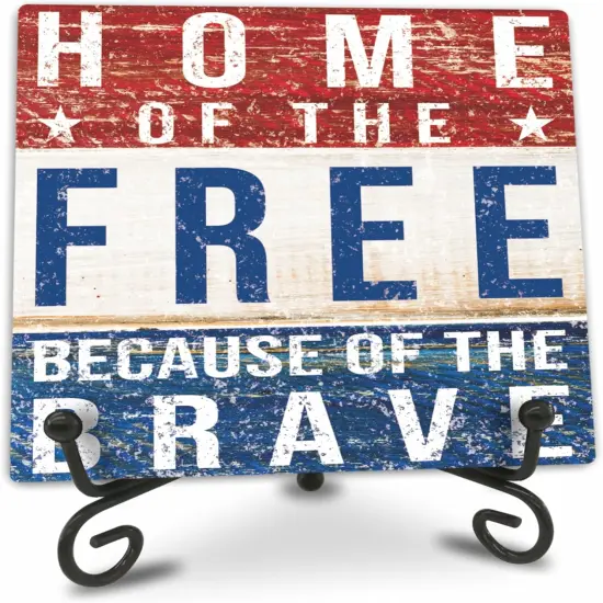 July 4th Retro Wood Plaque With Iron Stand - Home Of The Free Because Of The Brave - 4"x4" Wooden Block Sign, Patriotic Desk Signs, Shelf & Tabletop Decorations, America Memorial Day Supplies - E05 {1}