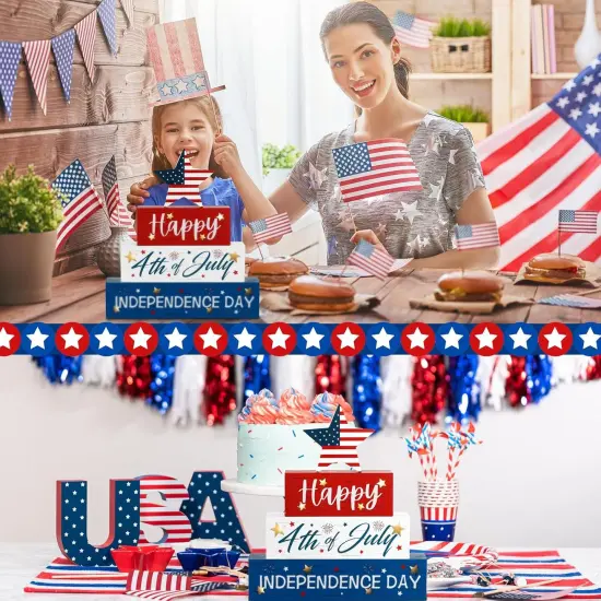 4 Pcs Happy 4th of July Wooden Block with Light LED Memorial Day Tabletop Centerpieces 10.8"H Light up Patriotic Wood Sign for Tiered Tray Decor {3}
