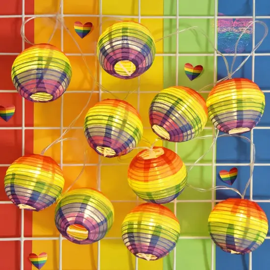 Pride Decorations Rainbow Lantern Pride Lights Gay Pride Nylon Lantern 9.4Ft Battery Operated Ball Rainbow Lights 10 Count Lantern String Lights Pride Decor for Pride Month, Room, Yard, Party {5}