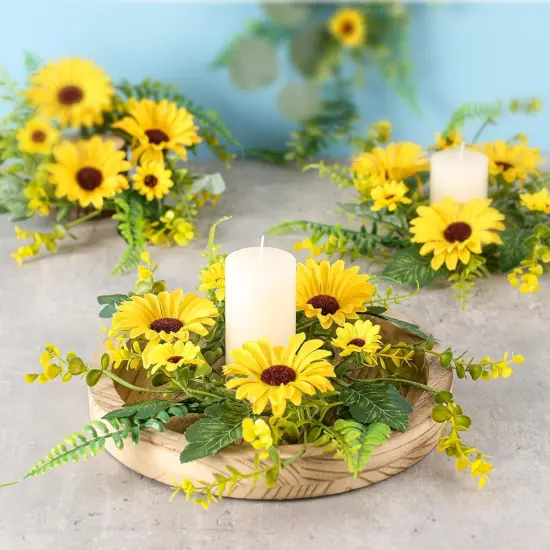 6 Pcs Sunflower Wreaths for Front Door &ndash; Artificial Yellow Floral Swag for Summer, Candle Rings for Pillars, Cabinets, and Window Home D&eacute;cor {2}