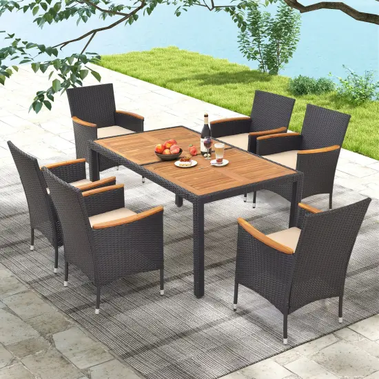 Acacia Wood 7-Piece Dining Set, Rattan Table, Cushioned Chairs and Umbrella Hole {1}