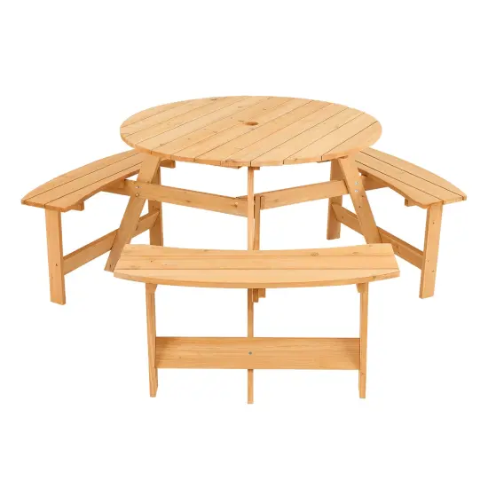 Natural Fir Wood Round Kids Picnic Table Set with Benches and Umbrella Hole {1}