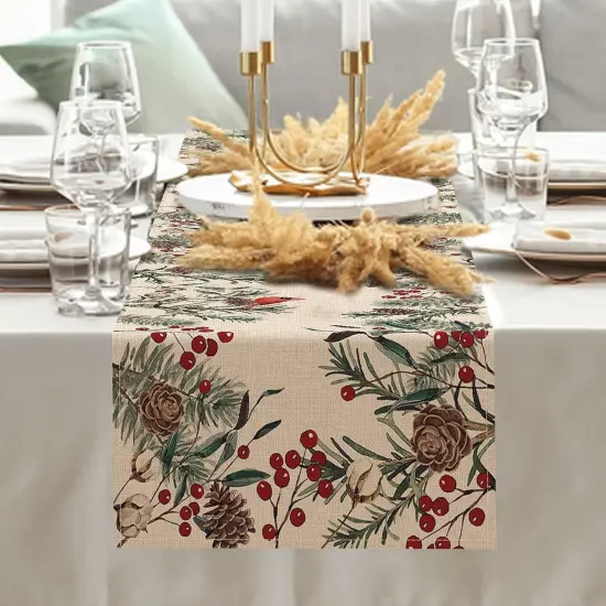 Winter Pine Needle Branches Table Runner, Pine Cone Cardinal Red Birds Berry Farmhouse Kitchen Dining Table Decor, Christmas Holiday Home Decoration Indoor Outdoor Party Supply 13 x 72 Inches {6}