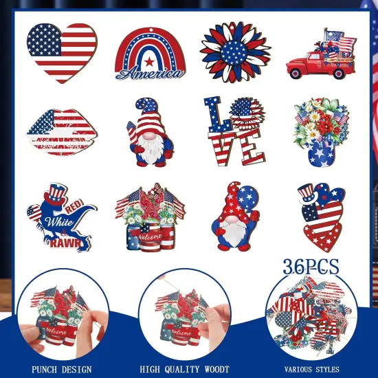 36 Pcs 4th of July Tree Ornaments Patriotic Wood Independence Day Gnome Ornaments Red White Blue Love Rainbow Party Hanging Decoration Artifact for Small Tree Party Supplies Holiday All Seasons {2}