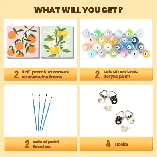 2 Pack Framed Paint by Numbers Kit for Kids,Easy Acrylic Paint by Numbers Kits on Canvas,Fruit Oil Painting Paint by Number for Adults Beginners for Home Wall Decor (8x8inch) {4}