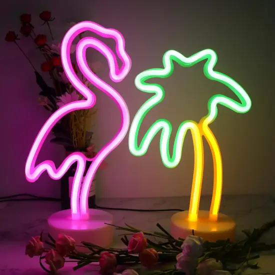 2 Packs Decoration Neon Signs Light Pink Flamingo and Green Palm Tree Neon Tabletop Decor Lights USB/Battery Powered Neon Lights for Bedroom Girls Kids Birthday Party Christmas - Flamingo & Palm Tree {5}