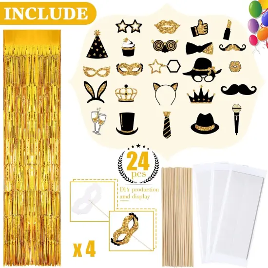 28 Pcs Photo Booth Props for Birthday Wedding Party Decorations Mix of 24 Photo Props, 4 Pcs 3.28 x 6.56 ft Foil Fringe Curtains Party Supplies for Prom Birthday Wedding Graduation (Gold) {2}